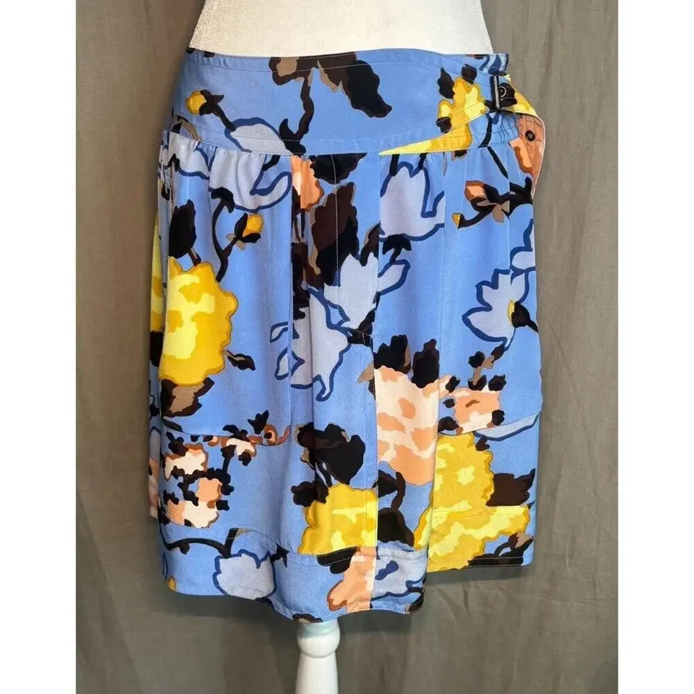 Missoni Italy Valentino Y2K Vintage Blue Floral Print Silk Mini Skirt Waist 30”